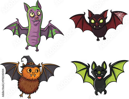 Halloween bats illustration, spooky cartoon bat characters with funny faces, vampire style, geometric shapes, cute and scary flying bats, vector artwork for decoration