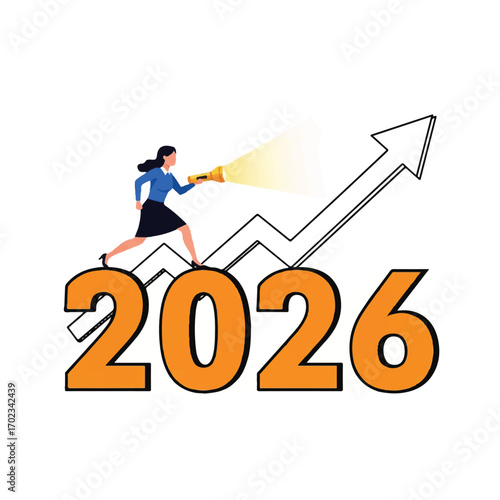 A woman holding a flashlight illuminates the year 2026, symbolizing future vision and growth with an upward trending arrow.