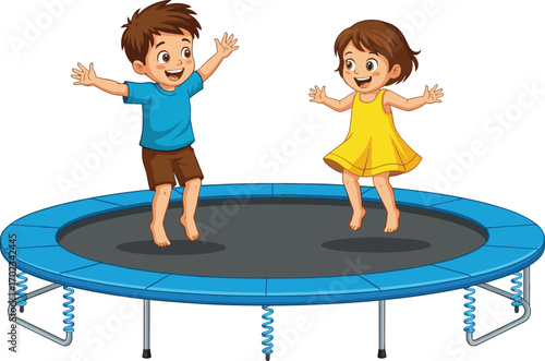 Happy boy and girl jumping on trampoline, kids playing outdoors, fun childhood activity, energetic children, joyful moments, summer playtime