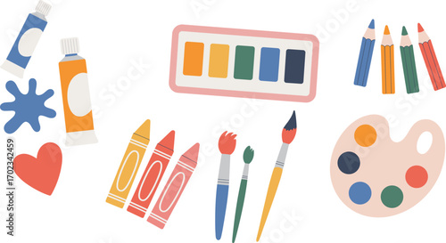 Set of colorful art supplies including paint tubes, watercolor palette, crayons, colored pencils, paint brushes, creative tools, drawing materials, kids art, artistic creativity, fun painting tools.