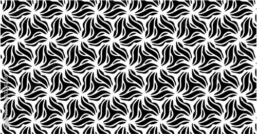 Seamless black and white pinwheel style pattern with twisted star-like shapes, abstract geometric design
