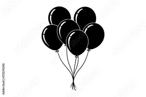 black balloons floating in air with strings silhouette