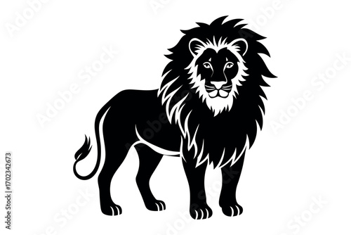 a majestic lion stands proudly with flowing mane silhouette