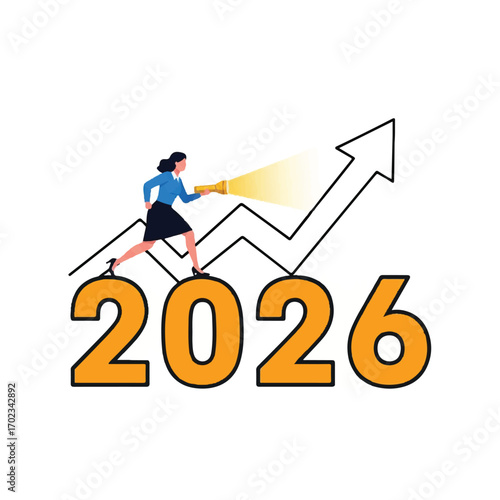 Woman with flashlight on 2026 numbers, looking forward to future growth and business success with an upward trend.