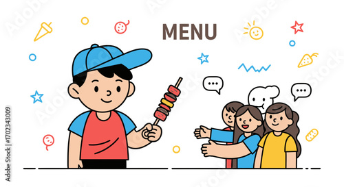 A Cartoon Chef Presents a Delicious Menu of Appetizing Kebabs to Eager Customers