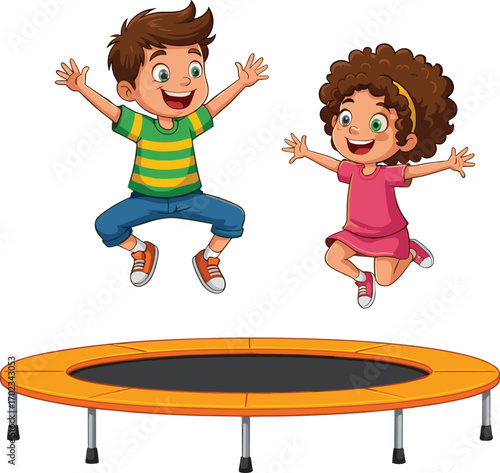 Happy boy and girl jumping on orange trampoline, kids playing outdoors, joyful childhood moments, active kids having fun, summer playtime energy