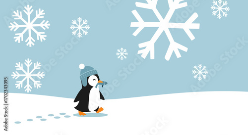 A Cheerful Little Penguin Walking In The Snow While Carrying Lunch, Winter, Happy