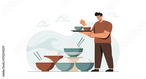 Animated Graphic Depicting Rice Bowls Being Served by a Person on a Tray