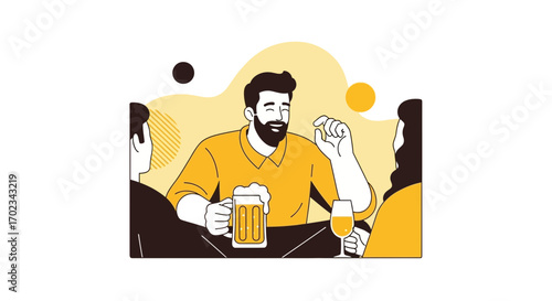 Animated Illustration Of Friends Celebrating With Alcoholic Beverages In A Relaxed Cafe Setting