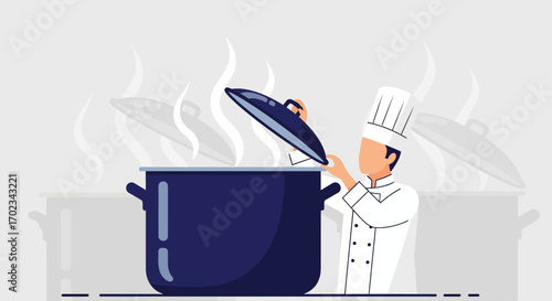 A Chef Preparing Culinary Delights Over Steaming Pot, Vector Illustration Artwork