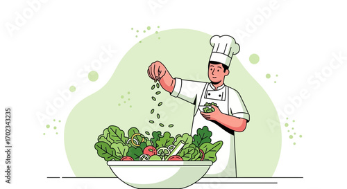 A Chef Prepares Fresh Salad Vegetables in a Decorative and Modern Illustration Style