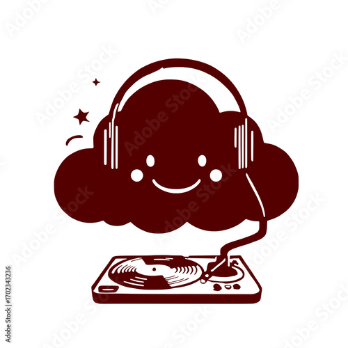 Cute cloud mascot character wearing headphones playing music vector