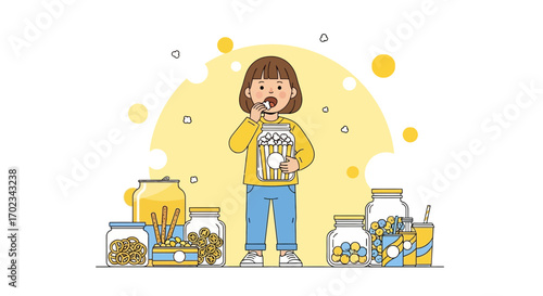 Animated Illustration Of Girl Enjoying Assortment Of Snacks, Surrounded By Jars And Drinks
