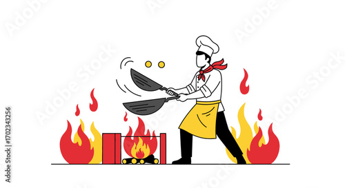 A Chef Skillfully Tossing Food in Pans While Cooking Over Open Flames Illustration