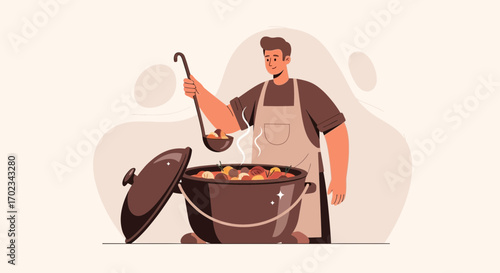 A Chef's Culinary Creation: Serving Stew From A Large Pot While Smiling With Delight