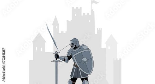Animated Knight With Sword and Shield Standing Before a Castle Silhouette
