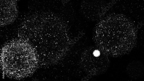 Firework with transparent background - Short colourful show with burst and fireworks exploding in 2d flat animation with alpha channel. Christmas and New Year overlay concept. 4K.