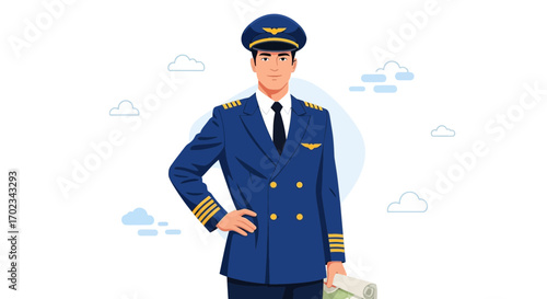 A Confident Pilot in Formal Uniform Posing Against a White Background Portrait