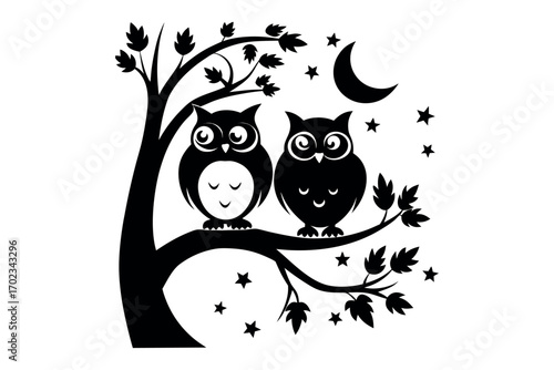 two owls perched on tree branch under moonlight silhouette