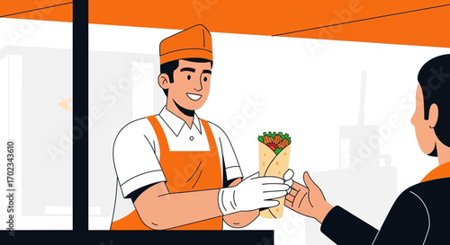 A Friendly Vendor Delivering Food, Presenting a Freshly Made Wrap for a Customer