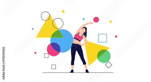 Animated Woman Stretching Amongst Colorful Geometric Shapes For Wellness And Fitness