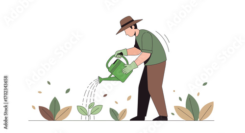A Gardener Watering Sprouts in a Field, Cultivating Plants with a Sprinkling Can