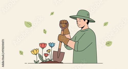 A Gardener's Joyful Embrace of Blossoms and Life, Cultivating Green Spaces Abundantly