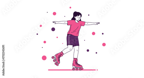 A Girl Enjoys Roller Skating, Balanced And Happy While Skating Outdoors