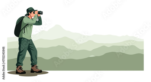A Hiker In Adventure Gear Taking Pictures With A Mountain Range Backdrop