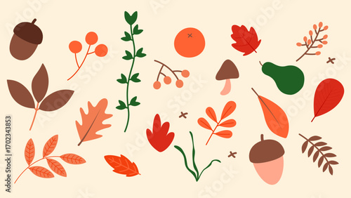 Cute hand drawn autumn icon set. Colorful foliage collection with leaves, acorn, rowan and oak. Vector