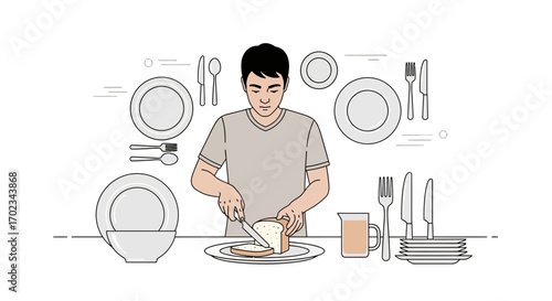 A Human At A Table Slicing Bread, Preparing For A Meal In A Minimalist Style Illustration