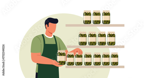 Artisan Preparing Olive Jars Perfectly For Display And Selling In A Store, Fresh Produce