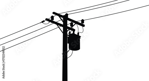 Utility pole with electrical transformer and power lines, urban energy distribution system, overhead cables, electrical transmission, power supply network, electric infrastructure