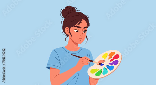 Artist Contemplating Color Choices On A Palette With A Brush Preparing To Paint Artwork