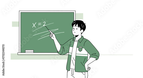 A Male Teacher Explains And Demonstrates Maths In Front Of A Classroom Blackboard