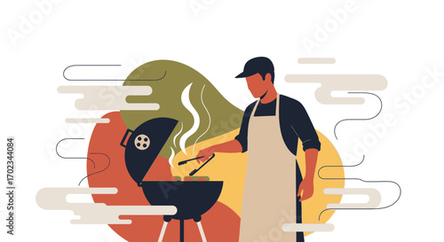 A Man Grilling Barbecue Food Outdoors During a Summer Relaxation Season