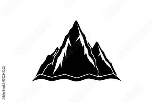a striking mountain peak illustration in bold black silhouette