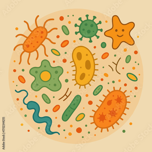 Colorful microbiology illustration featuring various bacteria and microbes on a light background