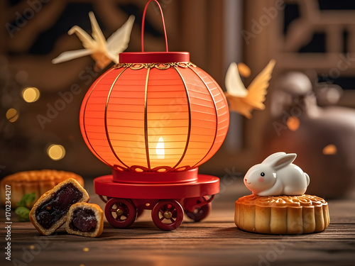 Chinese lantern with mooncake and rabbit