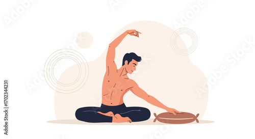 A Man Practices Yoga, Promoting Mindfulness And Bodily Balance In Peaceful Setting