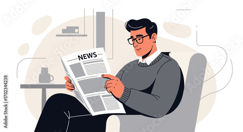 A Man Reading a Paper With Illustration, Looking For Information and Knowing The News
