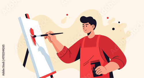 Artist Painting On Canvas With Brush And Paint, Conceptual Illustration
