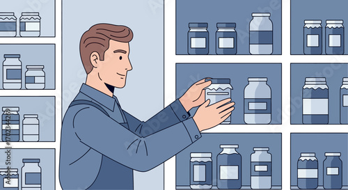 A Man Selects An Item From A Shelf Of Jars In A Modern, Minimalist Illustration