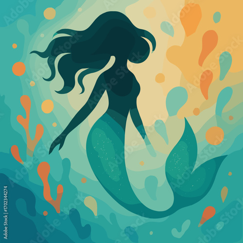 Elegant mermaid silhouette swimming in an ocean-like setting with colorful waves and bubbles