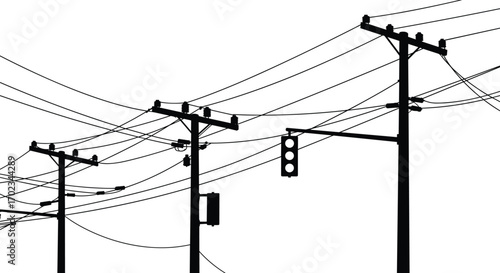 Power poles with numerous overhead electrical wires, urban traffic lights, energy transmission infrastructure, city utility network, electrical cables, traffic control system,