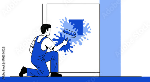 A Painter Using A Roller Creates A Vibrant Blue Splash In A Minimalist Illustration