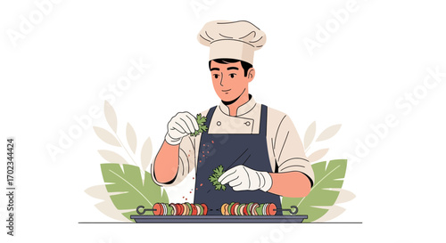 Artistic Chef Adds Freshness to Delicious Skewers for Gourmet Culinary Creations