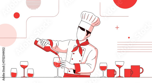 Artistic Chef Serving Wine With Elegance In Minimalist Restaurant Illustration
