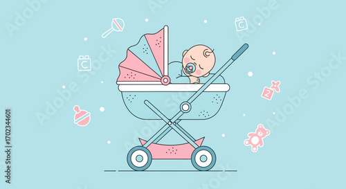 A Peaceful, Sleeping Infant Enjoying the Quiet Stroll in a Baby Stroller Scene
