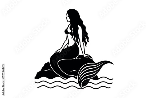 a mermaid resting on rock by ocean waves silhouette